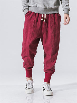 Solid Color Drawstring Linen Ankle-Banded Pants