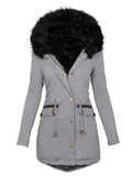 Women's Trendy Artificial Fur Collar Hooded Thermal Coat With Pockets