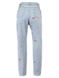 Campus Style Lovely Small Floral Embroidery Slim Fit Light Blue Denim Jeans for Women