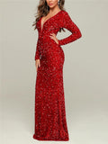 Stunning Low V Neck Sequined Long Sleeve Mermaid Dress for Prom