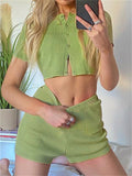 Sexy Knitted Solid Color Short-Sleeved Casual Sports Set
