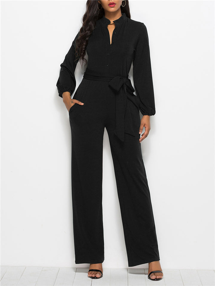 Fashion Minimalist Solid Color Long Sleeve Lace-up Waist Jumpsuits