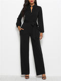 Fashion Minimalist Solid Color Long Sleeve Lace-up Waist Jumpsuits