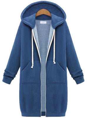 Comfortable Full Zipper Pocket Drawstring Hooded Midi Coat