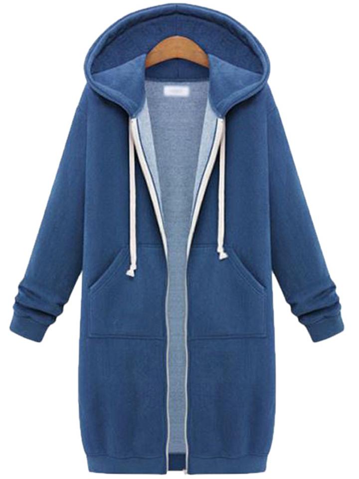 Comfortable Full Zipper Pocket Drawstring Hooded Midi Coat