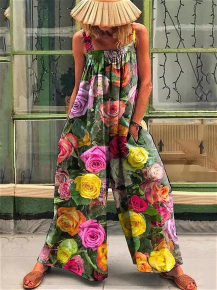 Oversized Style Square Neck All-Over Vibrant Floral Print Sleeveless Overalls