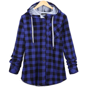 Women's Long Sleeve Button Up Hooded Plaid Shirts for Spring