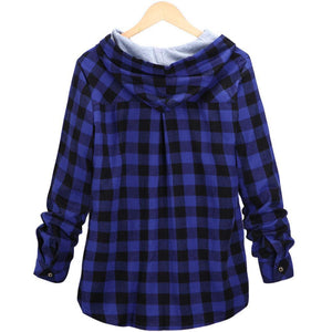 Women's Long Sleeve Button Up Hooded Plaid Shirts for Spring