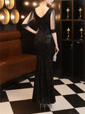 Shiny Sequin Round Neck Fitted Waist Maxi Ball Gown