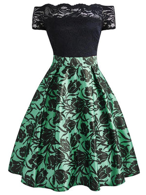 1950S Floral Off Shoulder Lace Swing Midi Dress