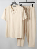 Solid Color Lightweight 2-Piece Outfit Button T-Shirt + Drawstring Waistband Cropped Pants