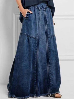 Elastic Waistband Long Denim Skirt