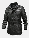 Men Winter Fashion Fleece Lined Midi Leather Jacket With Waistband