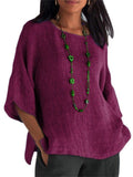 Women's Summer Comfy Cotton Linen Crew Neck 3/4 Sleeve Shirts