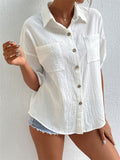 Women's Leisure Elbow Sleeve Chest Pocket Cotton Linen Blouses