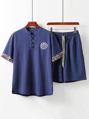 Mens Vintage Loose Linen Casual Short Sleeve T-Shirts+Shorts