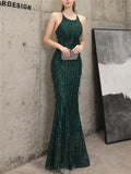 Shiny Halter Neck Full Length Womens Ball Dresses