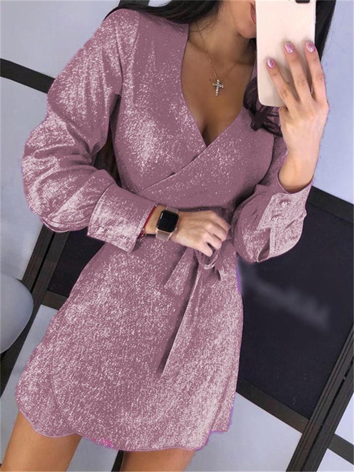 Sparkly Sequin Sexy V Neck Long Sleeve Waist Tie Mid Dress