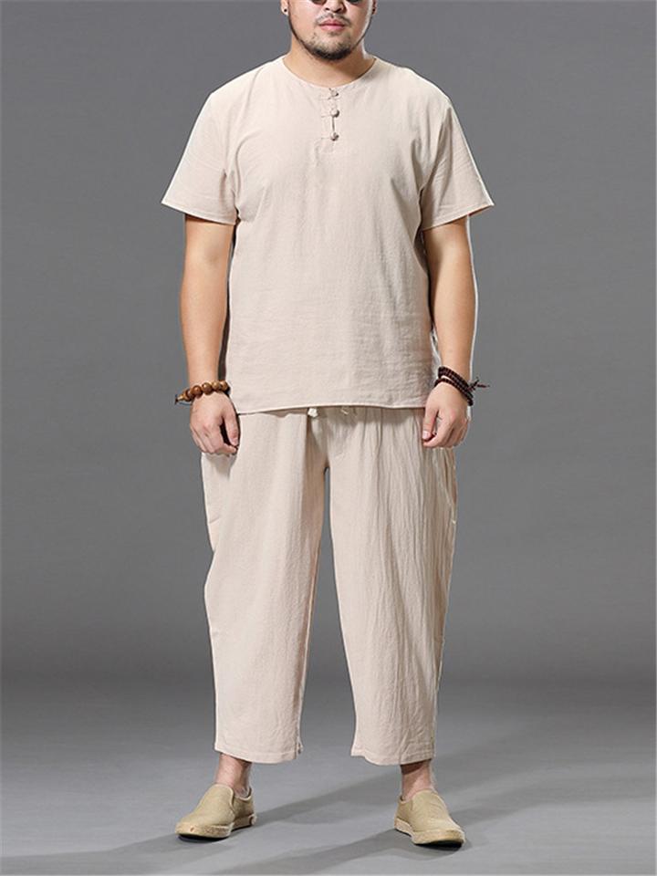 Loose Fit Linen 2-Piece Round Neck Button T-Shirt + Drawstring Cropped Pants