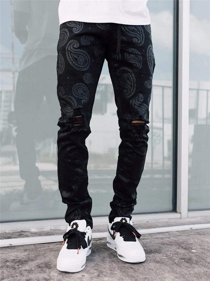 Stylish Street Printed Straight-Leg Pants Drawstring Ripped Jeans