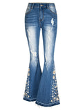 Women's Washed Effect Floral Embroidery Bell Bottoms Jeans for Summer Autumn