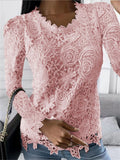 Ladies Elegant Lace Rose Pattern Long Sleeve Pullover Tops