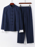 Relaxed Fit 2-Piece Outfit Retro Button Collar Shirt + Elastic Waistband Full-Length Pants