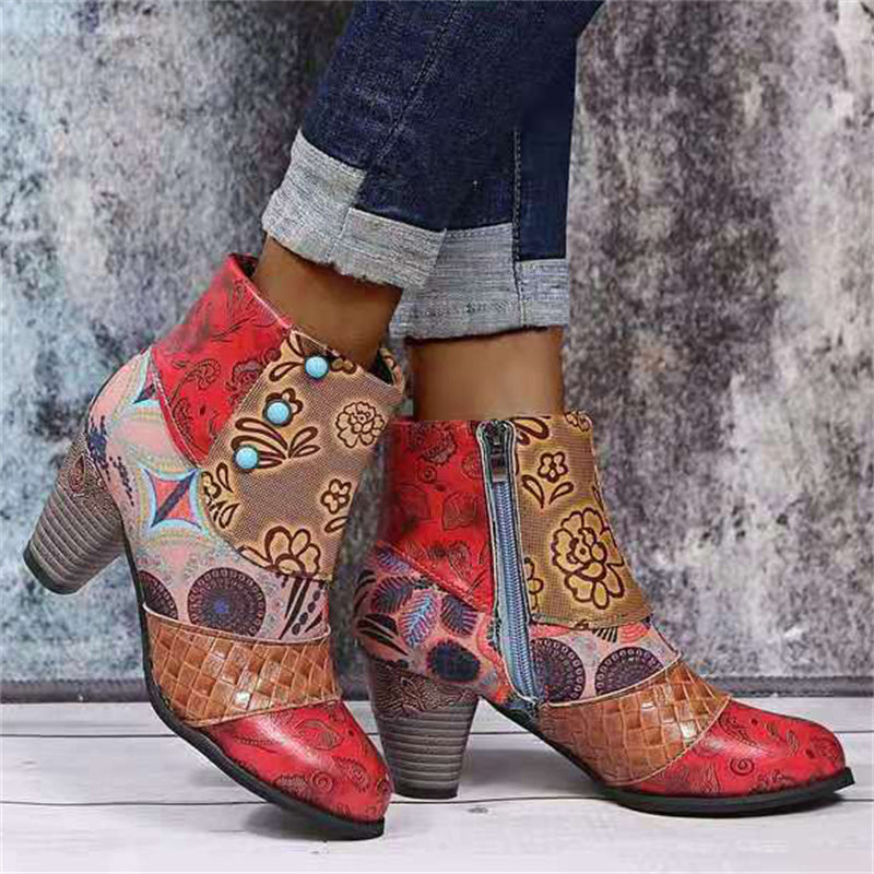Bohemian Style Fashion Color Matching Zipper Chunky Heel Ankle Boots