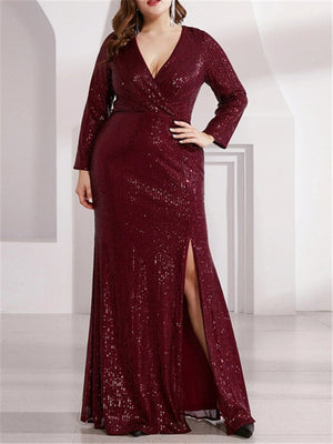 Gorgeous Shiny V-Neck Sequins Long Sleeve Slit Dress