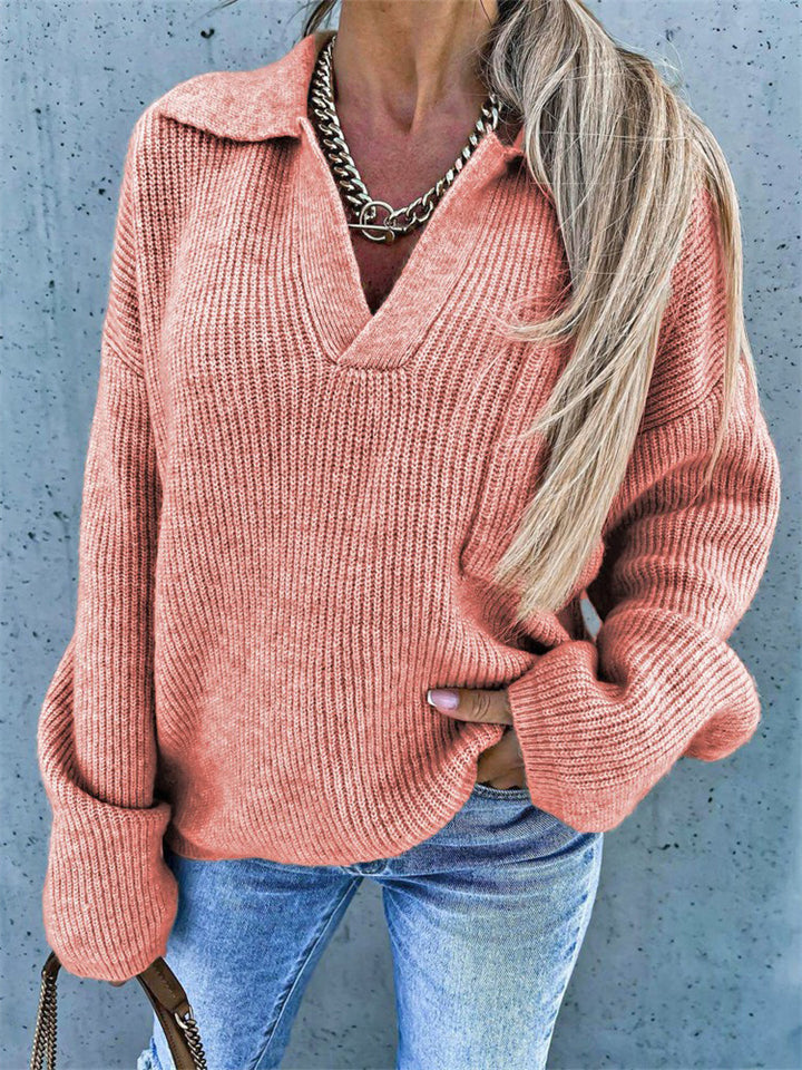 Lapel Solid Color Long Sleeve Knitted Sweaters