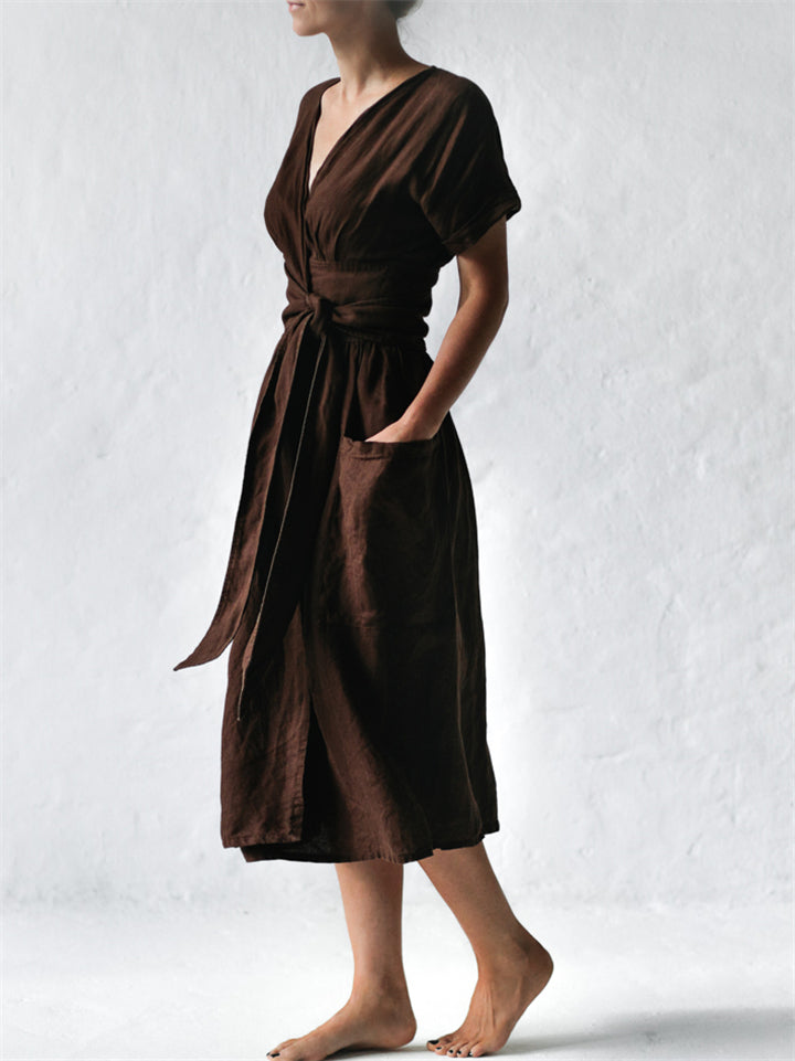 Cotton Linen Waist-Tie Pocket Dress