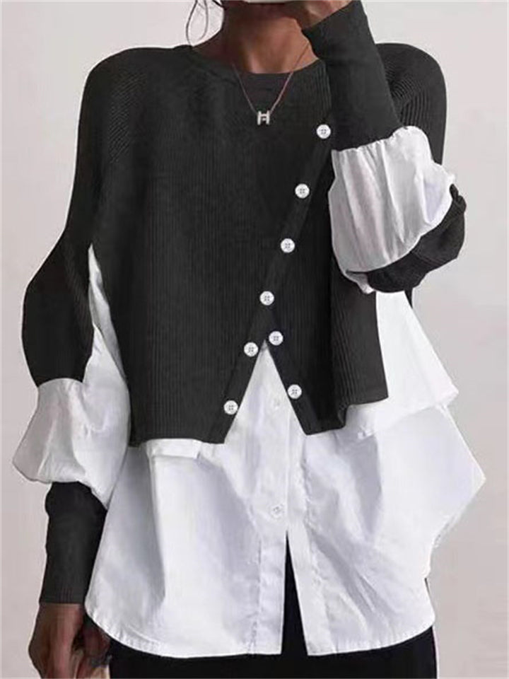 Trendy New Crewneck Contrast Color Patchwork Knitted Female Sweaters