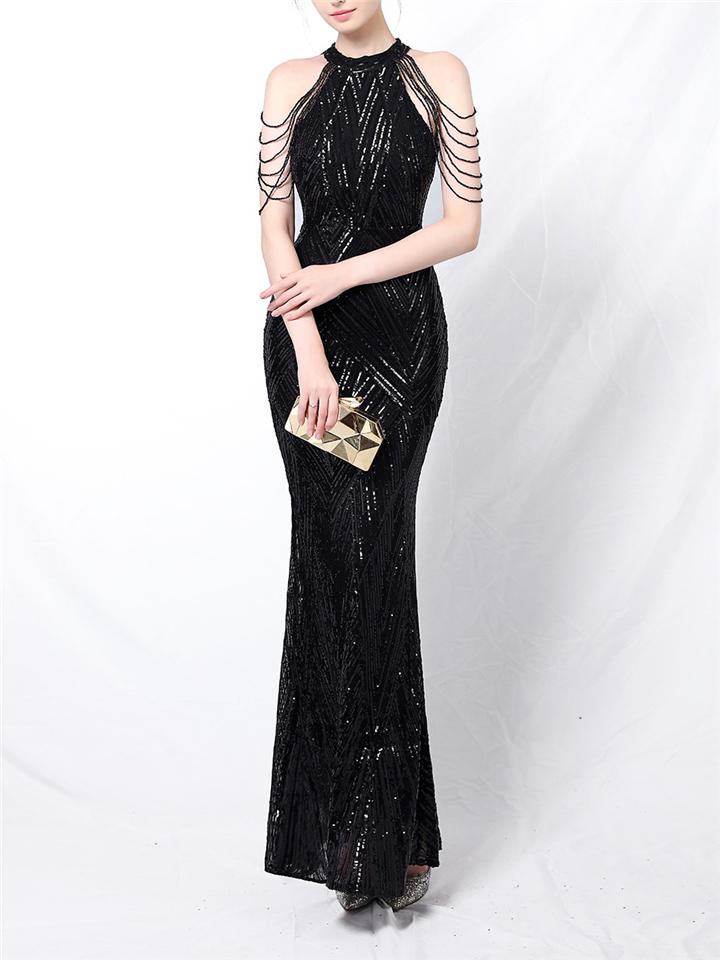 Exquisite Sequined Halter Neck Dress for Evening Party
