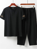 Men's Comfy Oversize Solid Color 2-Piece Outfit Retro Button T-Shirt + Drawstring Pants
