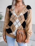 Loose V-Neck Rhombus Pattern Sweaters
