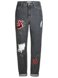 Vintage Street Style Red Floral Embroidery Ripped Straight-Leg Women Jeans for Autumn