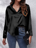 Super Soft Lapel Button Long Sleeve Silky Blouses for Office Lady