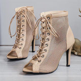 Summer Sexy Female Nightclub Mesh Hollow Lace Up High Heels Pumps