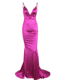 New Elegant Sexy Backless Satin Strappy Deep V Neck Floor Length Evening Dresses