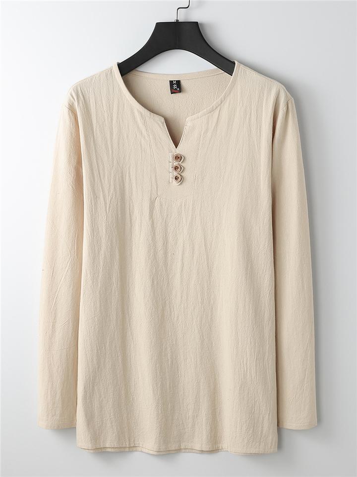 Mens Loose Comfy Linen Button Solid Color Long Sleeve T-Shirts