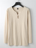 Mens Loose Comfy Linen Button Solid Color Long Sleeve T-Shirts