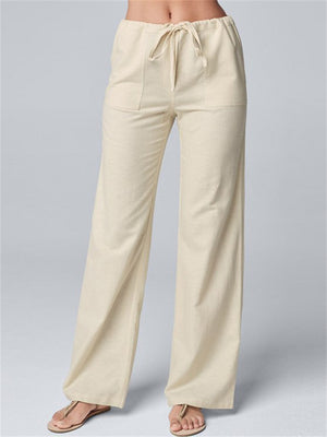 Solid Color Cotton Linen Drawstring Soft Straight Leg Female Pants