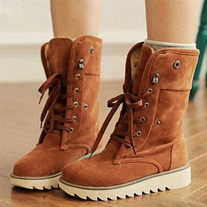 Extra Warm Lace Up Flat Heel Fur Lining Mid-Calf Snow Boots