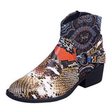 Soft Colorful Snakeskin Metal Buckle Block Heel Ankle Boots