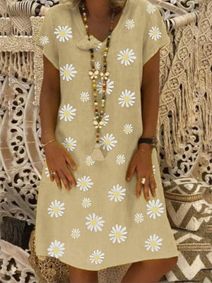 Relaxed Fit V Neck Daisy Pattern Short Sleeve Cotton Linen Midi Dress