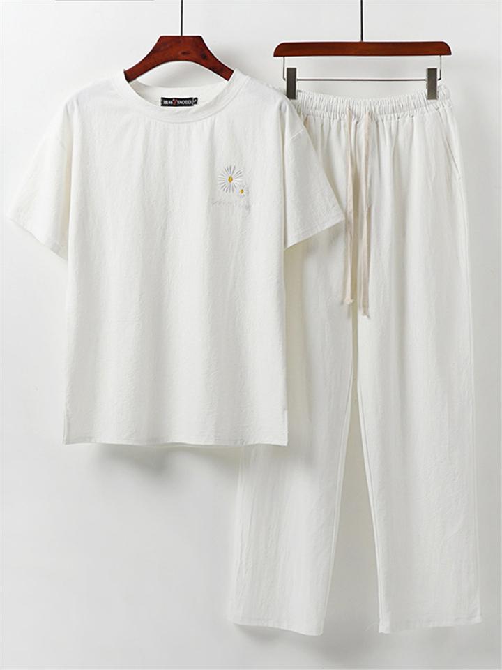 Loose Fit Linen 2-Piece Daisy Embroidered T-Shirt + Drawstring Full-Length Pants