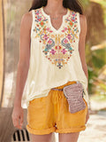 Ethnic Bohemian Floral Print V Neck Sleeveless Tops for Women