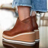 Simple Side Zipper Casual Fashion Wedge Heel Grain Leather Ankle Boots