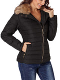 Womens Winter Quilted Jacket Faux Fur Collar Zip Up Puffer Coat