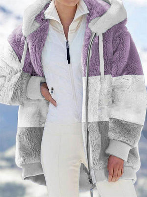 Ladies Warm Fleece Patchwork Full Zipper Hooded Coat